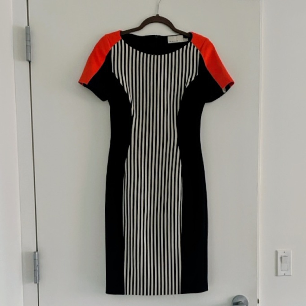 Karen Millen Black and White Stripe Midi Dress with Red Shoulders